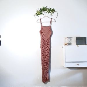 Long Nude Ruched Bodycon Dress